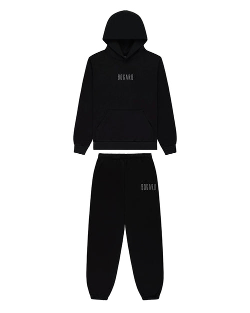 Black hoodie and jogger set with 'BOGARD' branding on a white background