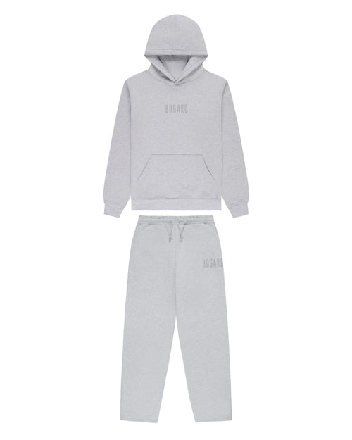 Gray tracksuit with brand logo on a white background