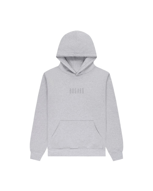 Gray hoodie with a brand logo on a white background